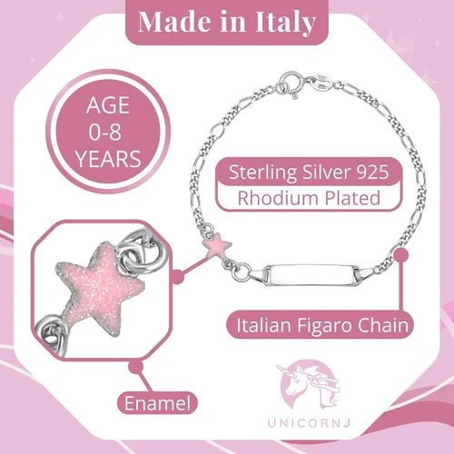 Vista 3 de UNICORNJ 925 Italy Sterling Silver Child or Baby Name Bracelet Girls Boys, Personalized Engraved Kids ID Bracelets, 6.5" Figaro Chain, Enamel Charm