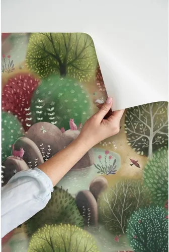 Vista 3 de Papel tapiz para despegar y pegar, bosque caprichoso, naturaleza, bosque, otoño, paisaje, árboles, animales, papel tapiz extraíble personalizado por