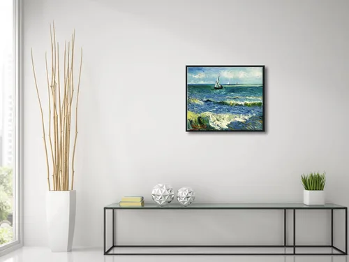 Vista 4 de Wieco Art Arte enmarcado negro paisaje marino en Saintes Maries por Vincent Van Gogh pinturas al óleo Reproducción modernas impresiones en lienzo