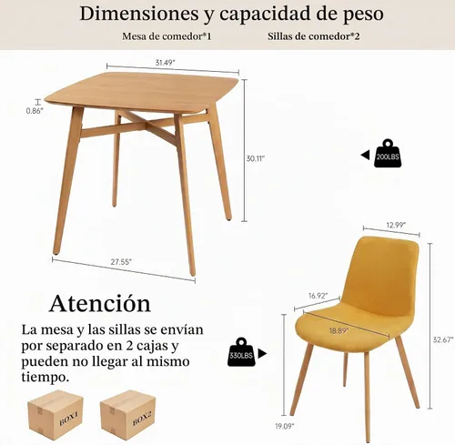 Vista 2 de HIPIHOM 3-Piece Oak Dining Table Set for 2, 31.5in Table with Steel Legs Oak Table+2 Yellow Chairs