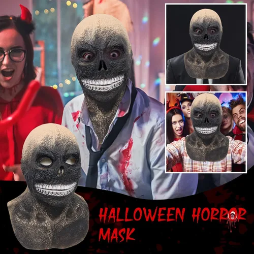 Vista 7 de Máscara de calavera aterradora de cabeza completa, máscara de esqueleto espeluznante realista de zombi, máscara facial de zombi para Halloween