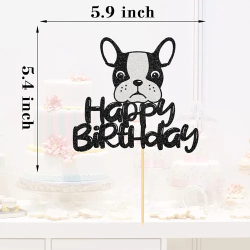 Vista 2 de Decoración para tartas de bulldog francés de feliz cumpleaños, decoración de pastel de baby shower, suministros para fiesta de cumpleaños