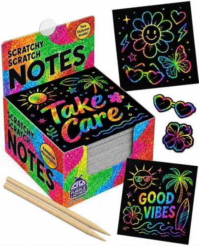 Vista 10 de Mininotas raspables: 150 hojas negras con holograma de brillo plateado o arco iris para niños, hojas para arte y manualidades y garabateo. Incluye