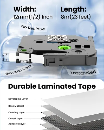 Vista 3 de TZe TZ - Cinta transparente laminada de 0.472 in 0.47 compatible con Negro sobre transparente