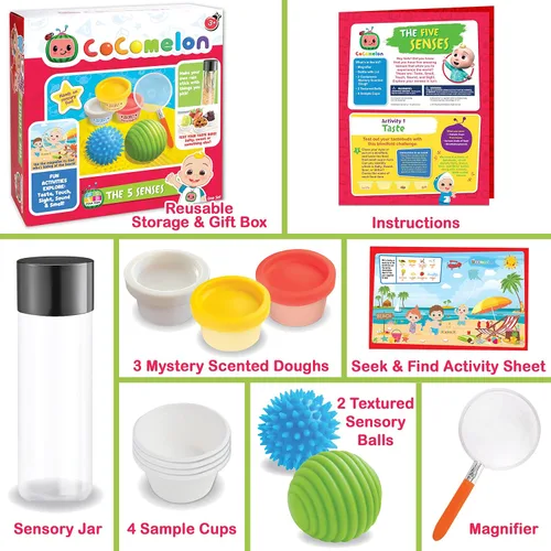 Vista 7 de Cocomelon - Kit de ciencia sensorial para niños, 5 experimentos, masa perfumada, bolas texturizadas y lupa.