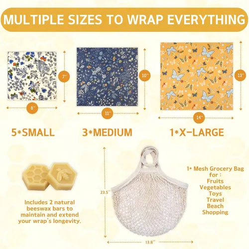 Vista 8 de Envoltura de cera de abeja reutilizable, paquete de 9 envolturas para alimentos, envolturas ecológicas de cera de abeja con bolsa de malla