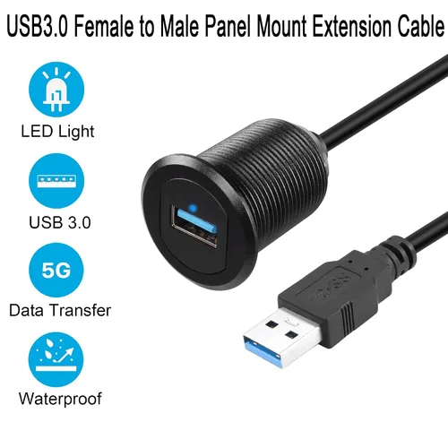 Vista 2 de QIANRENON Cable USB 3.0 de 5 Gbps a prueba de agua para automóvil, cable USB 3.0 hembra a macho para montaje en panel con luz LED, carcasa