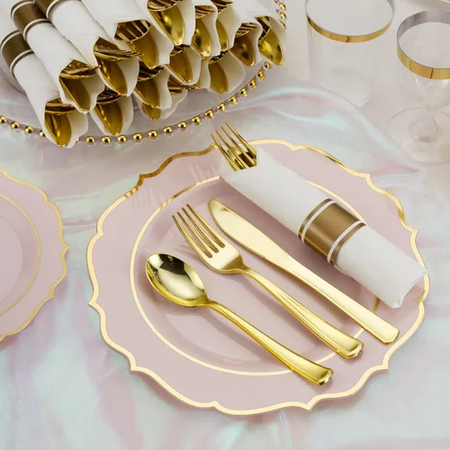 Vista 4 de Juego de 50 cubiertos de plástico dorado preenrollados con servilletas, juego de cubiertos desechables envueltos resistentes para bodas, fiestas