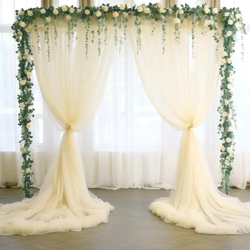 Vista 3 de Telón de fondo de tul transparente champán sin arrugas para fiestas, telón de fondo de boda, para fiesta de cumpleaños, baby shower, decoración