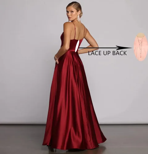 Vista 2 de Vestidos largos de satén para mujer con tirantes delgados formales vestidos de fiesta de noche con abertura