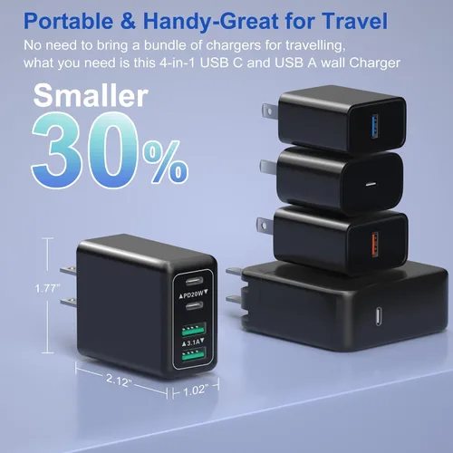 Vista 4 de Costyle - Cargador de pared USB C de 40 W, bloque de cargador rápido USB C de 4 puertos, adaptador de corriente PD dual+enchufe de pared QC
