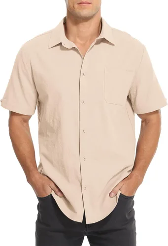 Vista 2 de TUREFACE Camisa casual con botones para hombre, camisas de vestir de algodón de manga corta