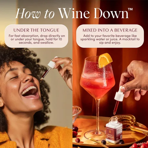 Vista 7 de Apothékary Wine Down, apoyo natural para dormir y relajarse, gotas líquidas herbales inspiradas en vino tinto sin alcohol, contiene verbena azul