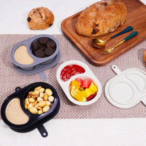 Vista 2 de NiHome Paquete de 3 recipientes de silicona reutilizables de doble compartimento con tapas, seguros para alimentos de bebé, a prueba de fugas