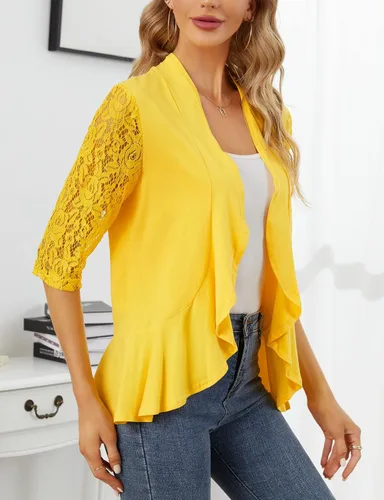 Vista 3 de KOJOOIN Blusas para mujer, ligeras, manga 34, casual, con encaje, parte delantera abierta, con volantes drapeados
