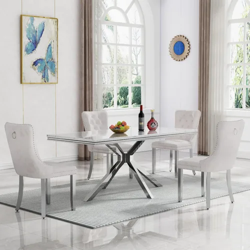 Vista 58 de Juego de 5 mesas de comedor, juego de mesa de cocina y comedor para 4, mesa de cocina rectangular de mármol sintético blanco de 47 pulgadas con base