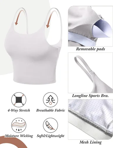 Vista 5 de 3 piezas de brasier deportivo de línea larga para mujer, con tirantes delgados, parte superior acolchada para yoga, entrenamiento, fitness, brasier