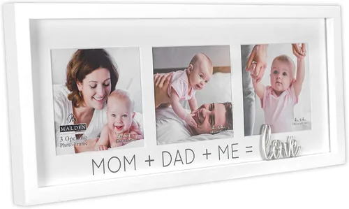 Vista 2 de Malden International Designs 3569-344 - Marco de pared para fotos de 4 x 4 pulgadas, 3 aperturas, color blanco mate con texto en inglés "Mom Dad Me
