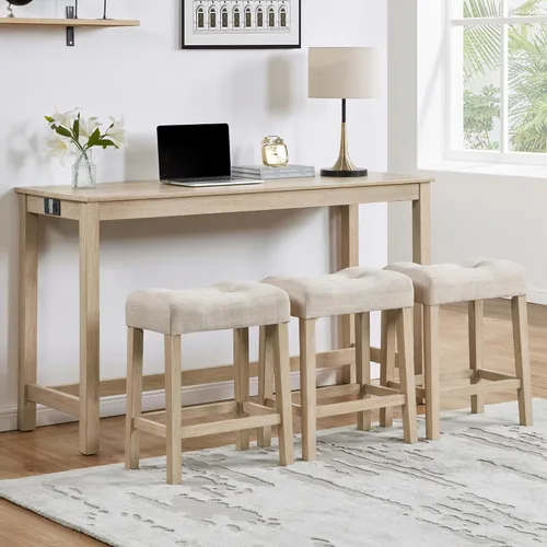 Vista 11 de Juego de mesa y sillas de barra de altura de mostrador de 4 piezas con toma de corriente, mesa de comedor rectangular estrecha con 3 taburetes