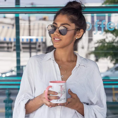 Vista 6 de Taza de café personalizada, regalo para mujeres, taza de café personalizada con nombre e inicial, 11 onzas, rosa, taza de cerámica personalizada