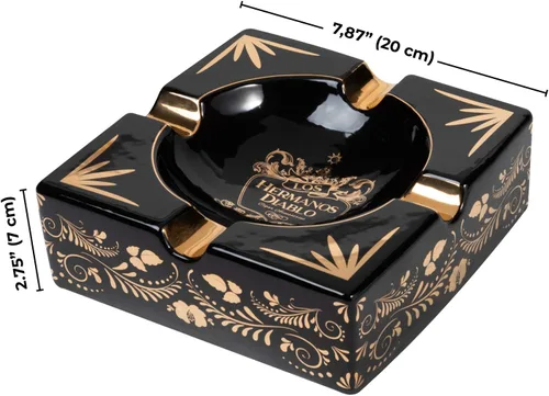 Vista 5 de Hermanos Diablo Cenicero grande para exteriores, patio interior, bandeja de cerámica negra dorada y elegante, 4 soportes cenicero perfecto para tus