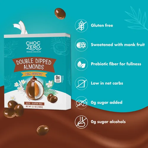 Vista 3 de ChocZero Almendras cubiertas de chocolate de coco sin azúcar, 3.5 onzas, paquete de 4