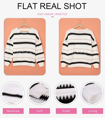 Vista 3 de Dokotoo - Suéteres de bloque de color para mujer, suéter de manga larga con cuello redondo, suéter sin botones.