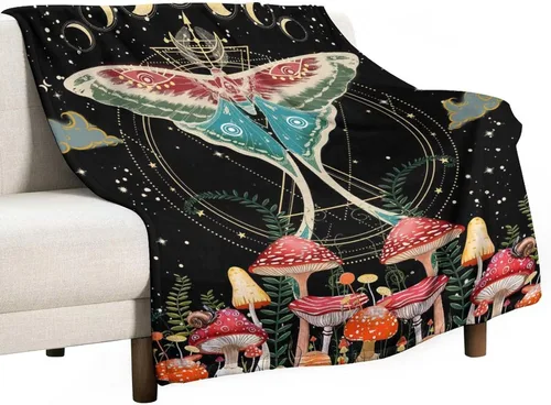 Vista 13 de Manta gótica de franela de polilla abstracta, mágica, bohemia, mariposa, esqueleto, luna, estrellas, manta estética para hombres, mujeres, niñas