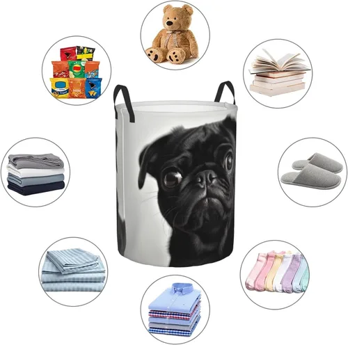 Vista 6 de Cute Black Pug Dog print Circular Hamper Waterproof Storage Bin Organizer Basket Laundry Hamper With Handles For Clothes Toys Small