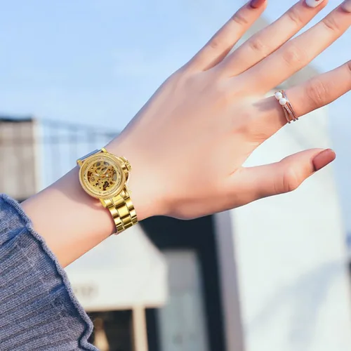 Vista 2 de SENRUD Relojes automáticos para mujer, de acero inoxidable, con esqueleto, impermeable, reloj de pulsera automático, regalo para mujer