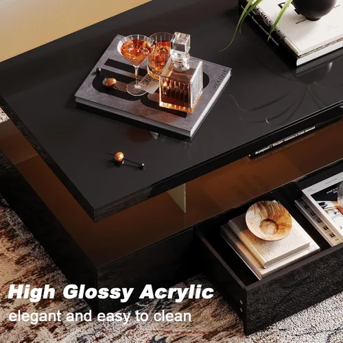 Vista 5 de ChooChoo Mesa de centro LED moderna, mesa central de alto brillo con cajón, mesa de centro negra con almacenamiento para sala de estar, dormitorio