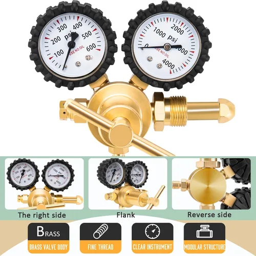 Vista 3 de KAKO Regulador de nitrógeno HVAC con manguera de 60", 0-600PSI, salida de 1/4", entrada CGA580, 0-4000PSI