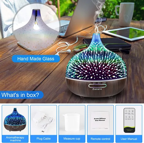 Vista 8 de Difusor de aceite esencial de 18.6 fl oz, humidificador de niebla fría de vidrio 3D, humidificador ultrasónico de aromaterapia con 7 luces LED que