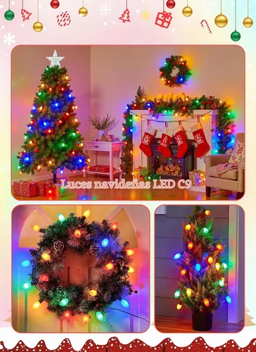 Vista 6 de Luces de Navidad vintage para exteriores, cadena de luces C9 de 100 pies