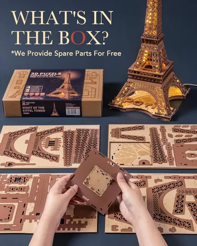 Vista 8 de Rowood Torre Eiffel, kits de modelos de rompecabezas 3D para adultos, rompecabezas de madera 3D DIY para adultos, juego de construcción con LED