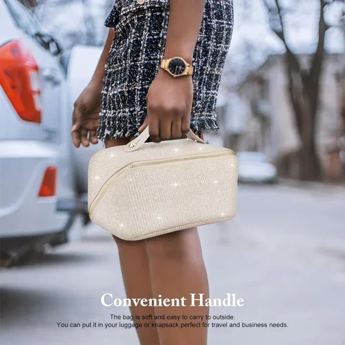 Vista 4 de KEYPOWER Bolsa de cosméticos de lentejuelas con purpurina de gran capacidad, bolsa de maquillaje de viaje, bolsa de aseo portátil brillante