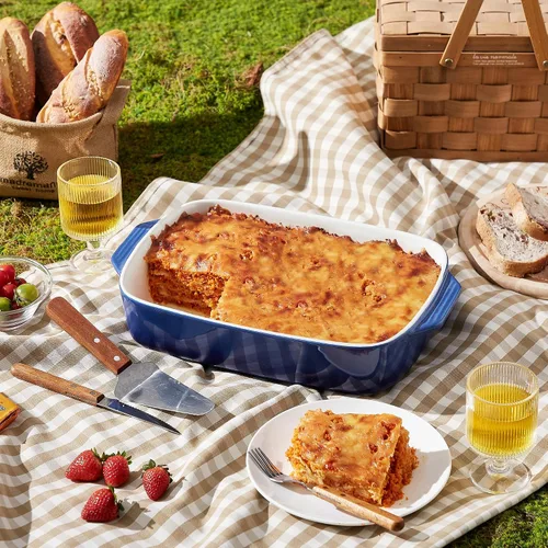 Vista 5 de Lareina Cacerola grande de cerámica con tapa, 4.0 cuartos de galón, platos cubiertos rectangulares de piedra para hornear para horno, cacerolas