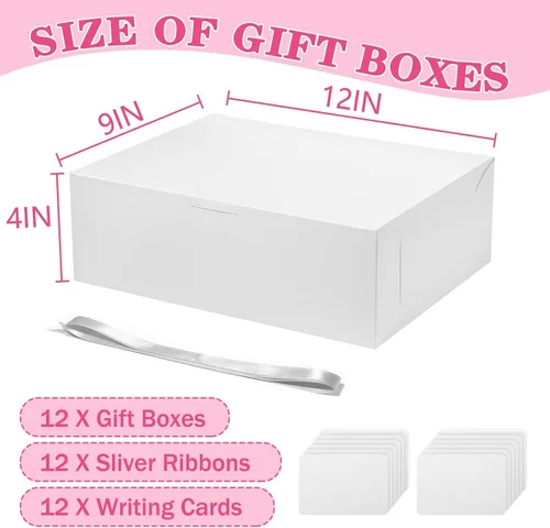 Vista 2 de 12 cajas de regalo grandes blancas con tapa, caja de regalo plegable de 12 x 9 x 4 pulgadas con cinta, cajas de regalo de fiesta para regalos, día