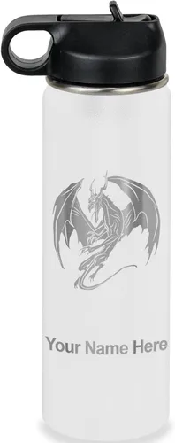 Vista 71 de LaserGram Botella de agua con tapa abatible de doble pared de 12 onzas con pajilla, dragón, grabado personalizado incluido (negro)