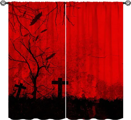 Vista 25 de Cortinas de Halloween con diseño de bosque gótico rojo, cruz gótica, Halloween, festividades, festival, tratamiento de ventana para sala de estar