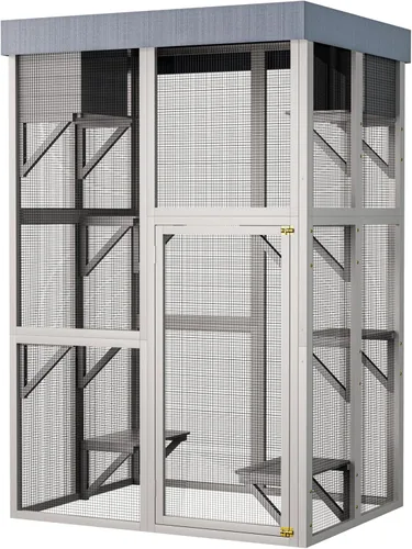 Vista 14 de Catio grande de madera para exteriores de 110 pulgadas, recintos para gatos al aire libre, cubierta resistente a la intemperie, dos puertas