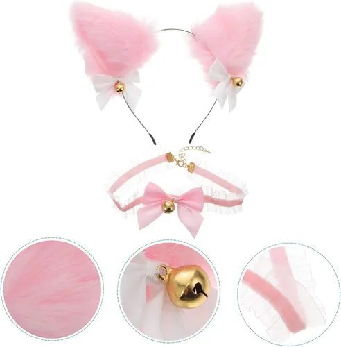 Vista 3 de SOIMISS 1 juego de diadema de orejas de gato de felpa con pajarita y cuello de encaje, accesorios de orejas peludas para fiestas de cosplay