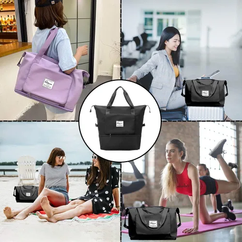 Vista 6 de Bolsa de viaje plegable de gran capacidad, portátil, expandible, bolsa de transporte en seco y húmedo, bolsas de lona deportivas