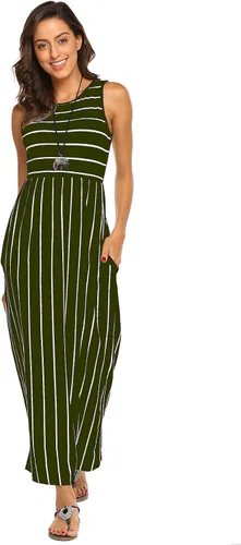 Vista 2 de Hount Vestido largo de verano sin mangas para mujer, a rayas, fluido, casual, con bolsillos