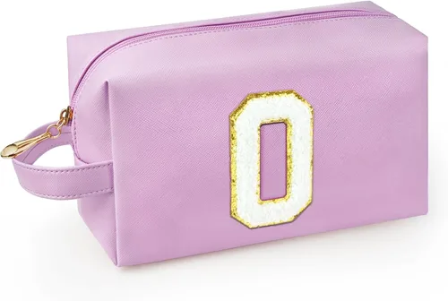 Vista 17 de Bolsa de maquillaje personalizada con inicial con asa, bolsa de cosméticos de preparación con bolsillo interior con cremallera, 8, 9, 10, 11, 12 Rosa