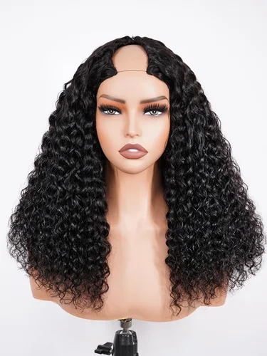 Vista 2 de ISEE Peluca de 18 pulgadas con parte en V con ondas de agua, cabello humano, sin dejar fuera, pelucas brasileñas sin pegamento con parte en U