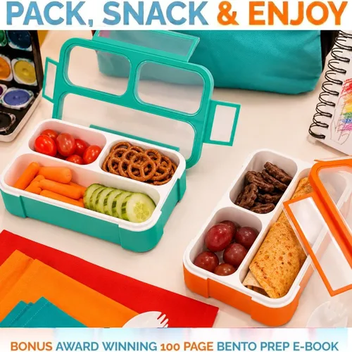 Vista 7 de Bento - Juego de Lonchera para almuerzo o refrigerio, a prueba de fugas, con recipientes, para niños y adultos, libre de BPA, apto para microondas