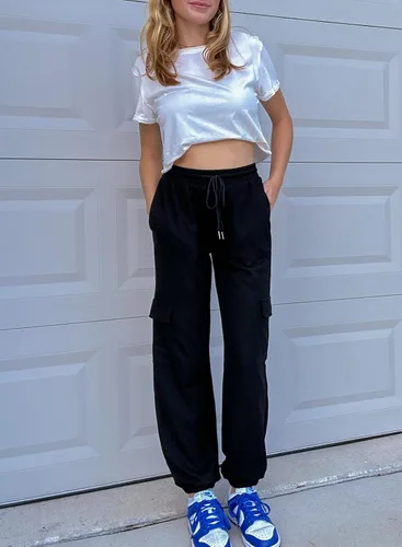 Vista 4 de Aleumdr Pantalones deportivos de punto gofre para mujer, pantalones deportivos casuales con bolsillo y cintura elástica, pantalones de descanso