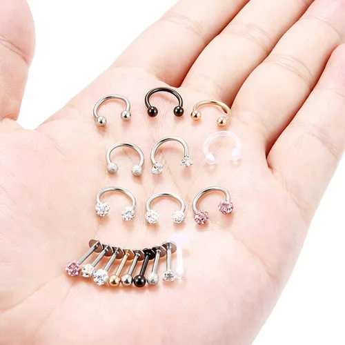 Vista 3 de Hoeudjo 9 – 18 piezas 16G acero quirúrgico, anillo labial de cristal, barra de herradura para cartílago tragus, arete de aro hélix daith Septum