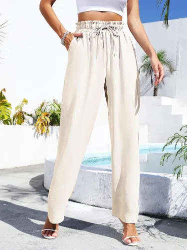 Vista 5 de Pantalones de pierna ancha para mujer, estilo casual, holgados, cintura alta, con cordón, palazzo fowy nudo de corbata, pantalones de descanso